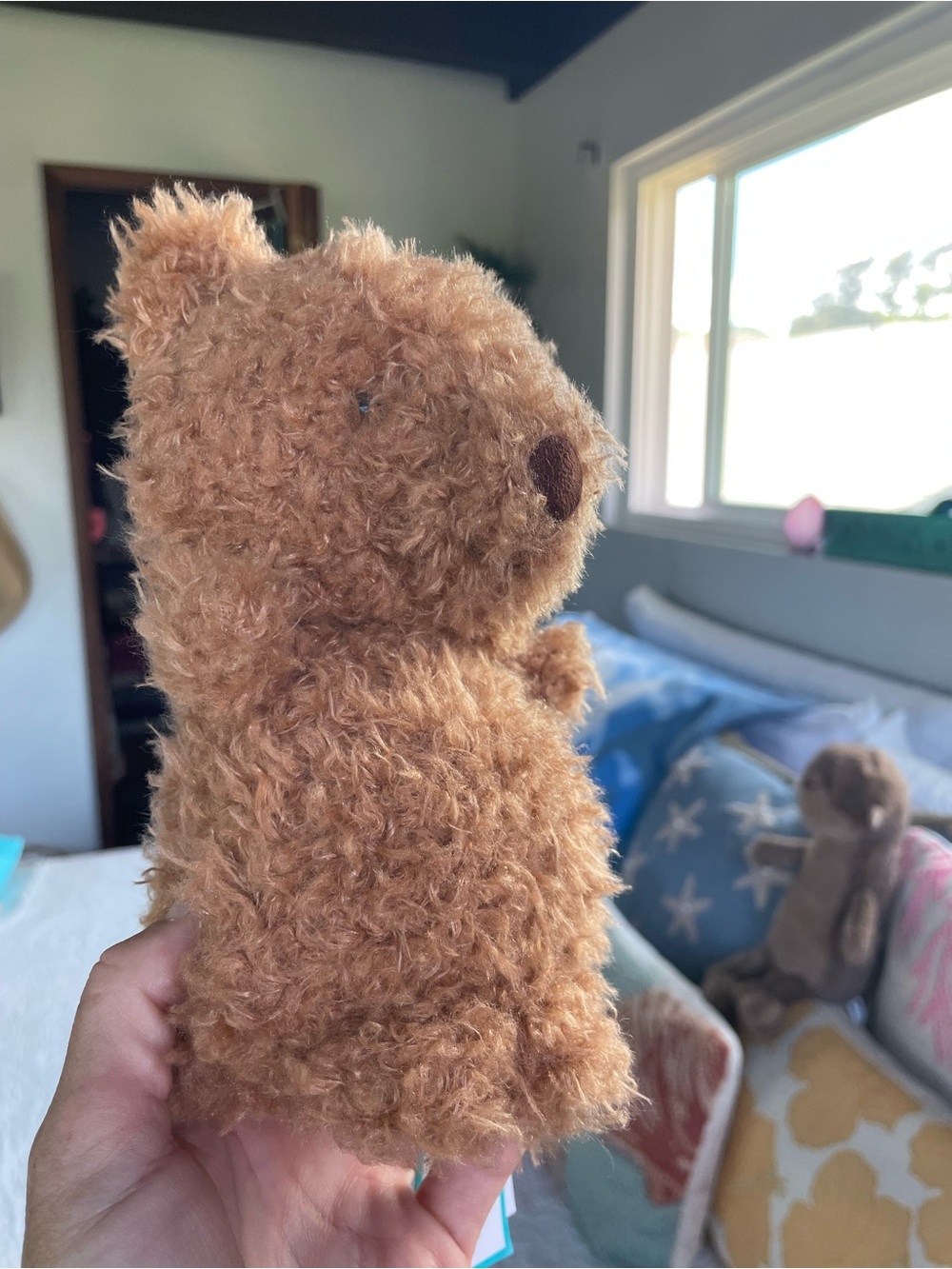 Jellycat Plush Brown Curly Bear on Blue Drawstring Bag - Picture 11 of 16
